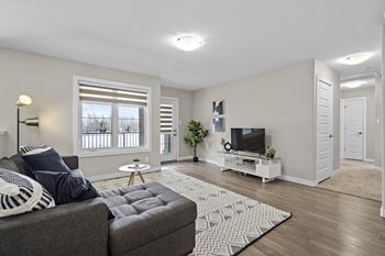 A living room with a grey couch and a television.